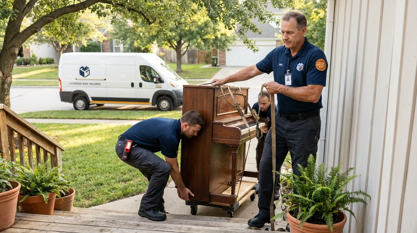 Licensed piano movers securing grand piano in Holyoke, CO