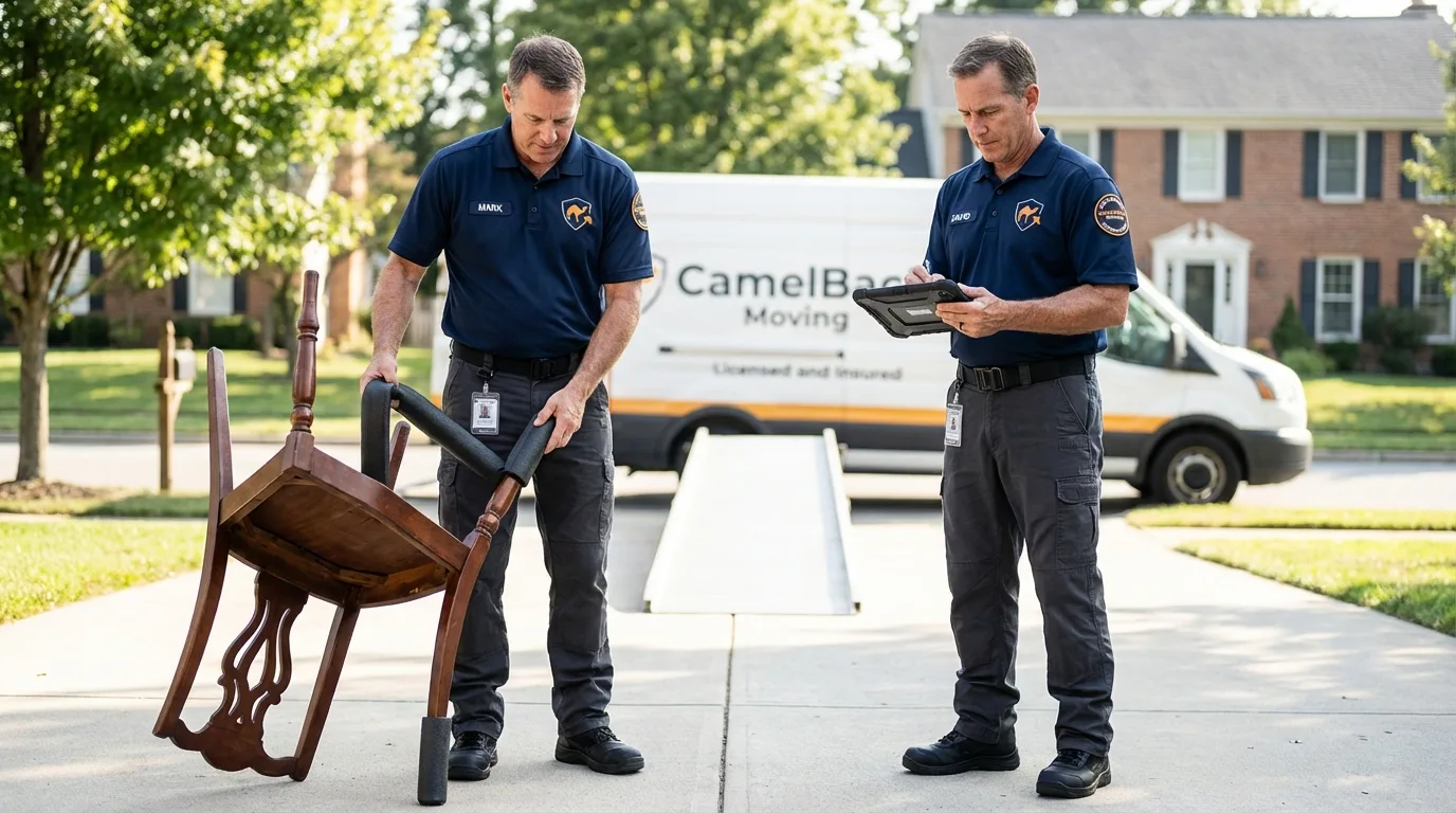 Movers inspecting furniture for damage prevention before loading in Holyoke, CO