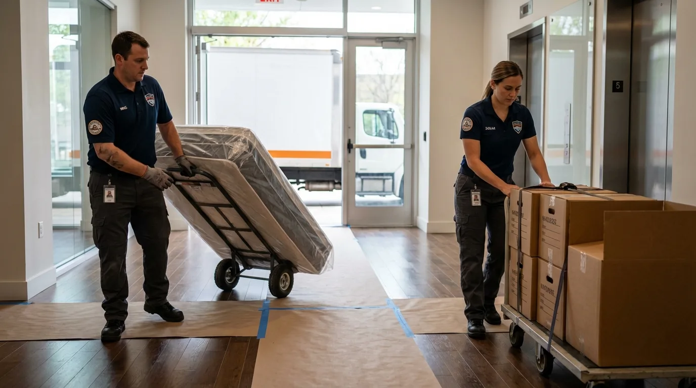 Professional apartment movers loading elevator in Holyoke, CO